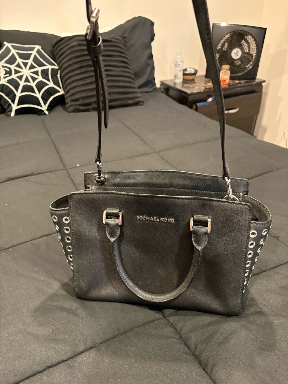 MICHAEL KORS Black Satchel with Silver Grommet Detailing